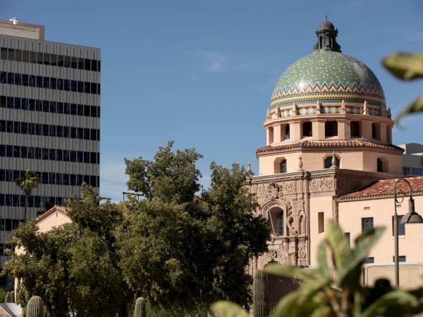 A city scene with a domed, green-tiled building, a modern high-rise, trees and foreground foliage; sunny day, light blue sky.