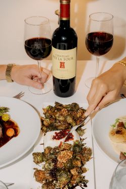 Two people share a table with red wine and a feast: a bottle center, three plates, and a skewered, crispy dish in the middle.