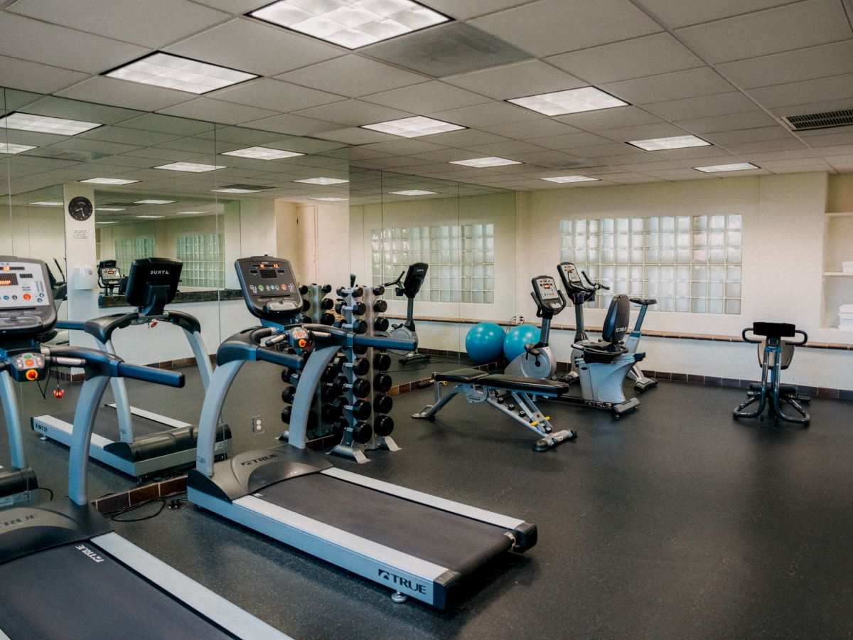 A clean, well-lit gym with treadmills, bikes, weight racks, and exercise mats arranged neatly for a workout session.